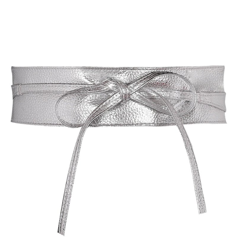Ayliss Women Soft Leather Obi Belt Self Tie Wrap Cinch Belt,Silver - Image 1
